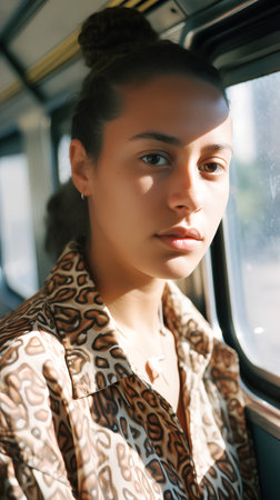 Portrait of a beautiful young woman in a brown jacket on the bus.の素材