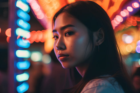 Portrait of a beautiful Asian woman in the city at night.の素材