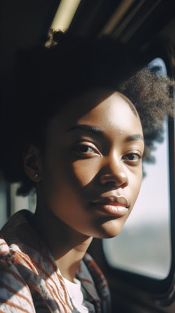young pretty african american woman in train, lifestyle people conceptの素材