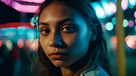Portrait of a beautiful asian girl in the street at nightの素材