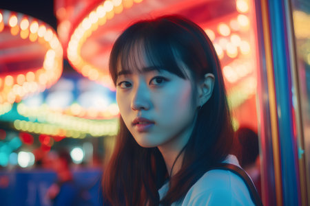 Portrait of beautiful asian woman in the amusement park at nightの素材