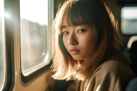 beautiful young asian woman traveling by train, lifestyle people concept