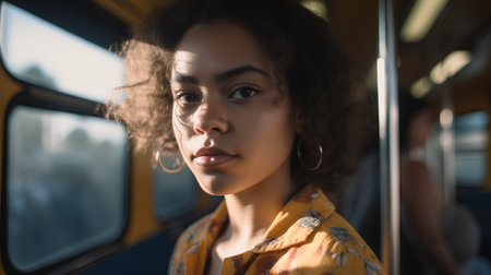 portrait of beautiful young african american woman looking away in trainの素材