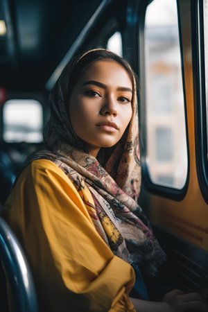 beautiful asian muslim woman in yellow coat and scarf sitting in trainの素材