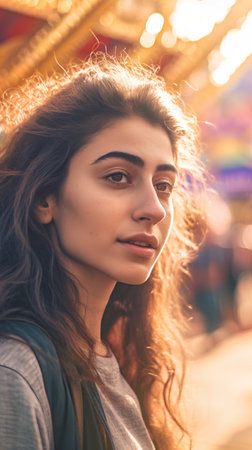Portrait of a beautiful young woman on the background of the amusement parkの素材