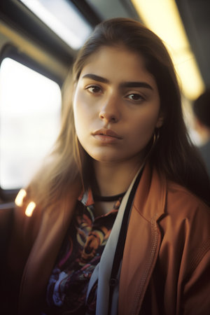 Portrait of a beautiful girl in a brown coat on the trainの素材