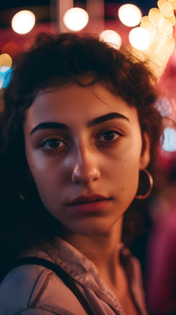 Portrait of a beautiful girl with curly hair in the city at nightの素材