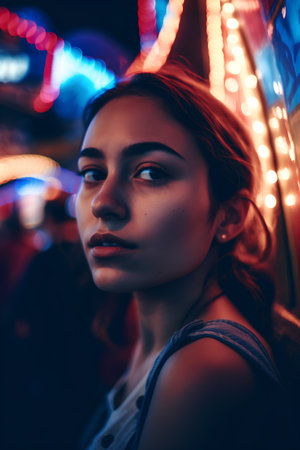 Portrait of a beautiful young woman in a carousel at night.の素材