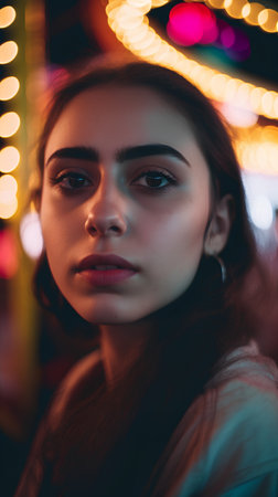 Portrait of a beautiful young woman in a carousel at nightの素材
