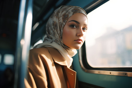 Portrait of a beautiful young muslim woman wearing hijab in a train.の素材