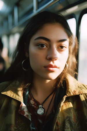 Portrait of a beautiful young girl in a yellow coat on a busの素材