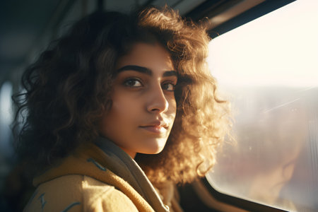 Portrait of a beautiful young woman with curly hair in the busの素材
