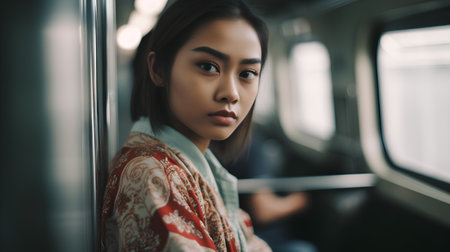 Portrait of a beautiful asian woman in a subway car.の素材