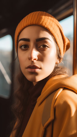 beautiful young woman in orange hat looking at camera while standing in busの素材