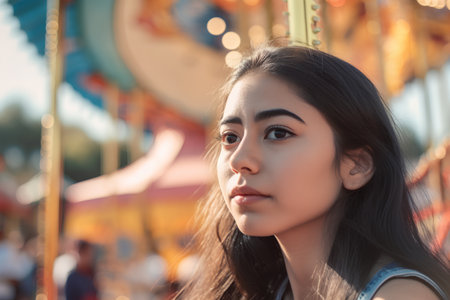 Portrait of a beautiful girl on a carousel in the amusement parkの素材