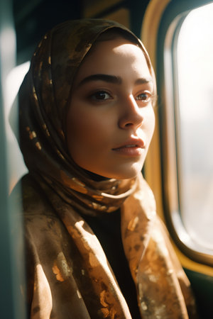 beautiful young muslim woman in hijab looking away while traveling by trainの素材