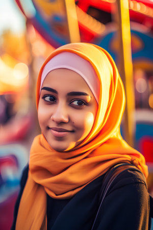 Portrait of a beautiful young muslim woman with hijab smiling at the amusement parkの素材