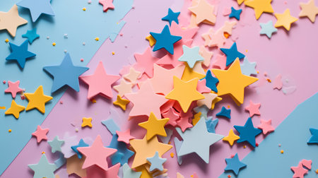 Colorful confetti with stars on blue and pink background. Festive background.の素材