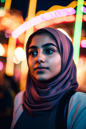 Portrait of a beautiful young muslim woman wearing hijab at nightの素材