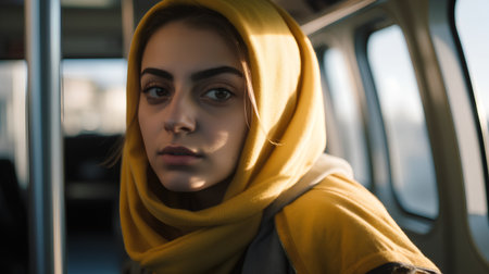 Portrait of a beautiful young woman in a yellow scarf in a busの素材