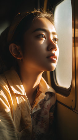 Portrait of a beautiful girl in the plane. The girl looks through the window.の素材