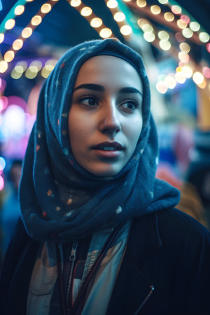 Portrait of a young muslim woman in the street at nightの素材