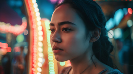 Portrait of a young beautiful Asian woman in a carnival.の素材