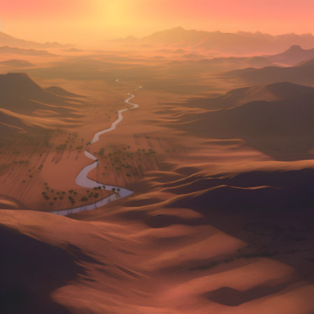 3D render of a desert landscape with a river flowing through itの素材