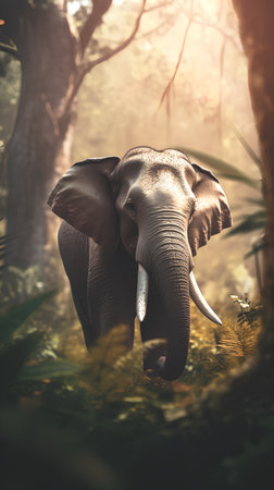 Elephant in the jungle. Travel and nature concept. Vintage toneの素材