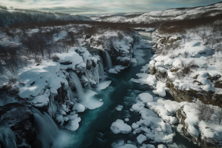 Aerial view of Hraunfoss waterfall in winter, Icelandの素材