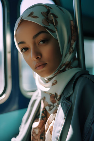 beautiful young muslim woman in hijab looking at camera in trainの素材