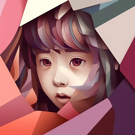 Face of a beautiful girl in paper cut style. Vector illustration.の素材