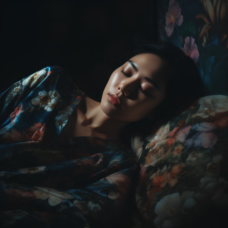 Young beautiful asian woman sleeping on a pillow in a room with flowersの素材