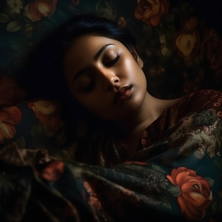 Portrait of a beautiful asian woman lying on the bed with flowersの素材