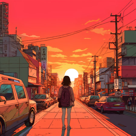 Woman walking on the street at sunset, vector illustration in cartoon styleの素材
