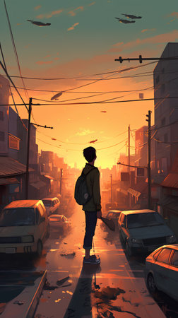 A young man walks along a city street at sunset. 3d renderの素材