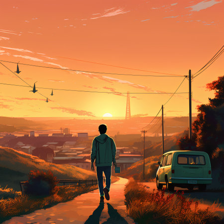 Man walking on the road at sunset. Urban scene. Vector illustrationの素材