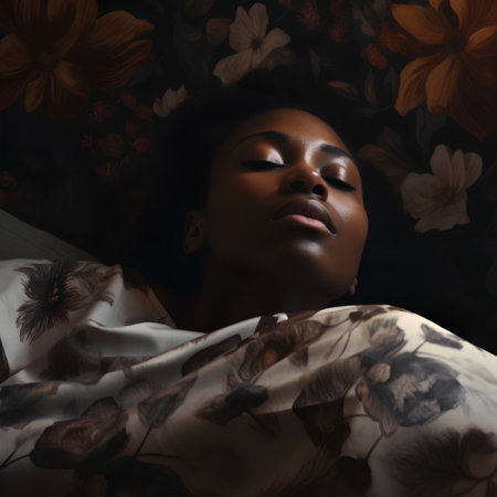 Young african american woman sleeping in bed with floral background.の素材