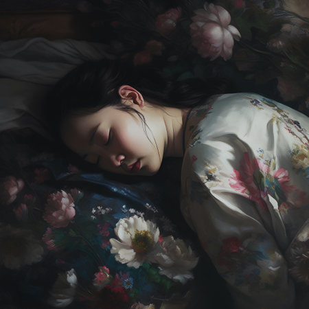 Young beautiful asian woman sleeping in bed with flowers. Vintage style.の素材