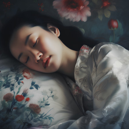 Beautiful asian woman sleeping on the bed with flower background.の素材
