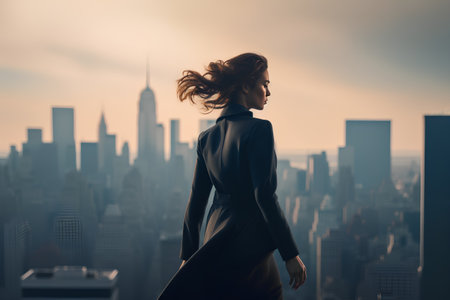 Fashionable young woman in black business suit on the background of New York city.の素材