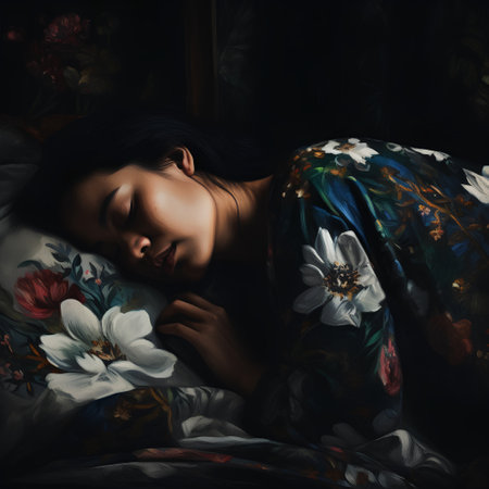 Portrait of a beautiful young woman sleeping in bed with flowers.の素材