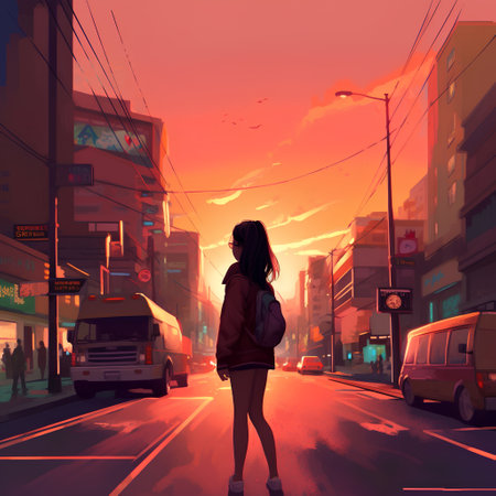 Young woman walking on the street at sunset. 3D illustration.の素材