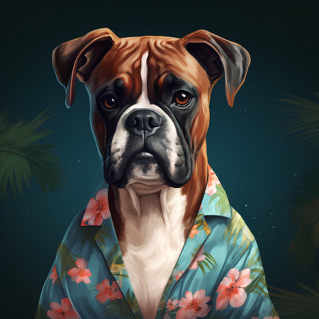 Portrait of a boxer dog in a kimono with flowersの素材
