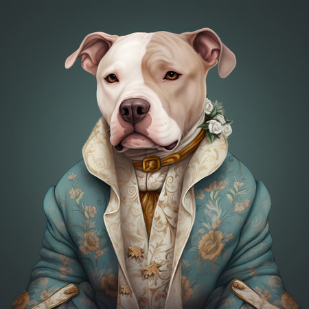 Portrait of a pitbull dog in a vintage jacket and bow tie.の素材