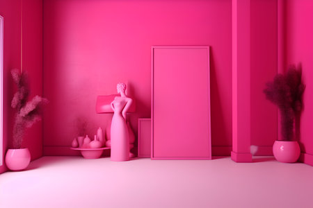 3d render of a room with a pink wall and a mirrorの素材