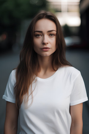 Portrait of a beautiful young woman in a white T-shirtの素材