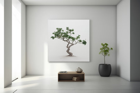 Interior of modern living room with white walls, concrete floor, black vase with plant and mock up poster. 3d renderingの素材
