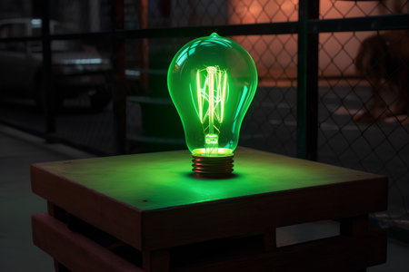 A closeup shot of a green light bulb on a wooden tableの素材