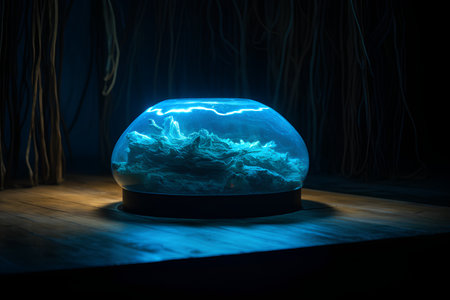 Magic crystal ball on wooden floor in dark room. 3D renderingの素材